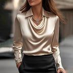 Long Sleeve Satin Swing Collar Top | Elegant Commuter Shirt