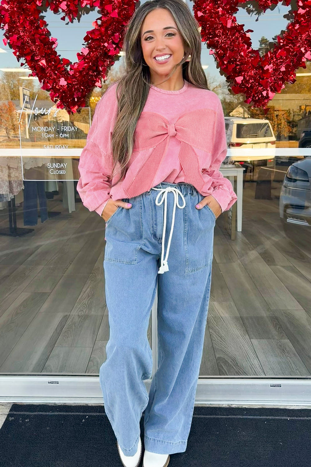 Orchid Bouquet Mineral Wash Waffle Bow Patched Pullover Sweatshirt
