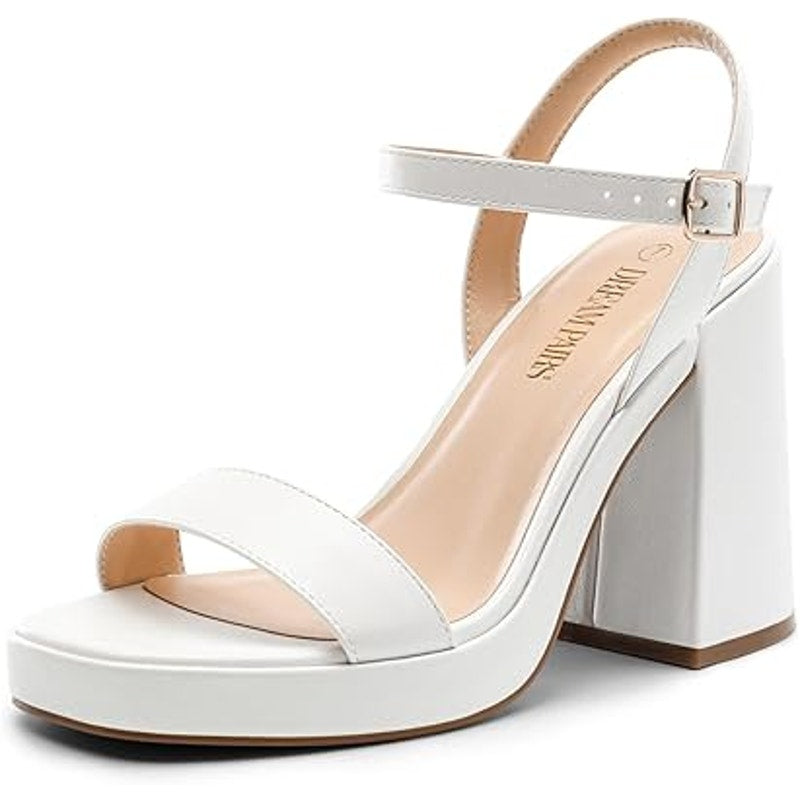 Dream Pairs Womens 8.5 White Faux Leather 4.5" Block Heel Open Toe Sandal Shoes
