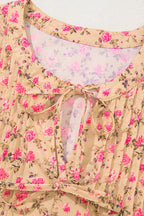 Light French Beige Floral Print Bow Pintuck Bust Half Puff Sleeve Blouse Top