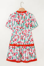 Pink Floral Print Contrast Trim V Neck Bubble Short Sleeve Babydoll Dress