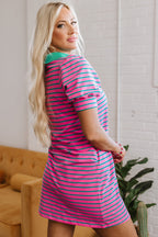 Pink Stripe Collared V Neck Puff Sleeve T Shirt Dress