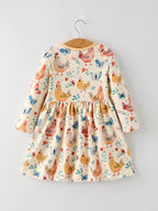 Charming Chicken & Butterfly Girls Dress with Cute Ruffled Pockets