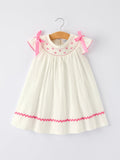 Spring White Girls Dress with Pink Bow Embroidery