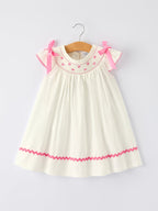 Spring White Girls Dress with Pink Bow Embroidery