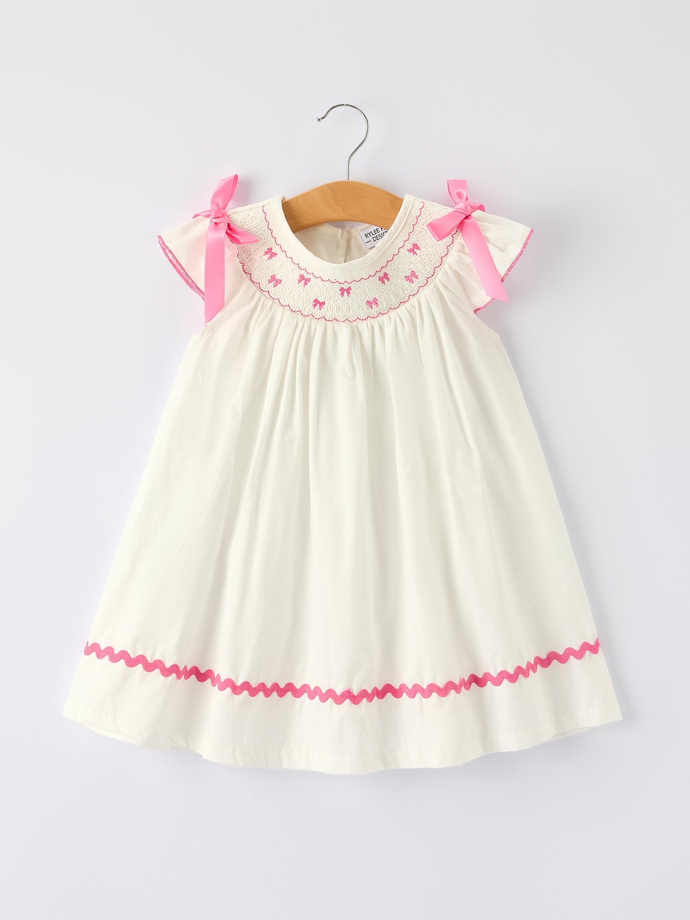Spring White Girls Dress with Pink Bow Embroidery