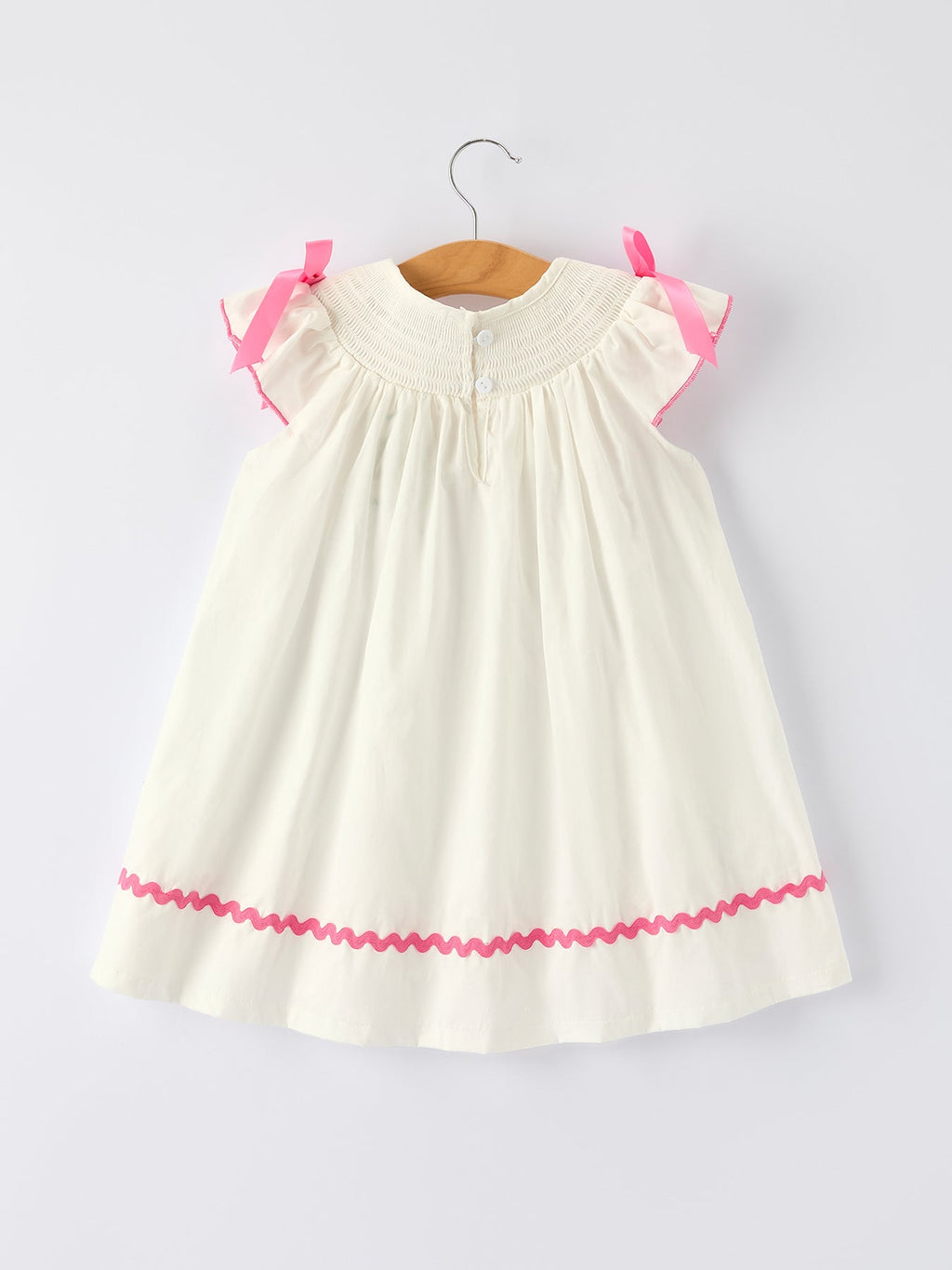 Spring White Girls Dress with Pink Bow Embroidery