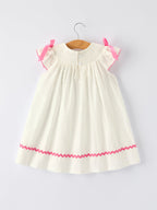 Spring White Girls Dress with Pink Bow Embroidery