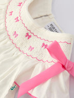 Spring White Girls Dress with Pink Bow Embroidery