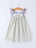 Spring Purple Floral Embroidered Smocked Bow Girl Dress