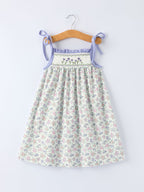 Spring Purple Floral Embroidered Smocked Bow Girl Dress