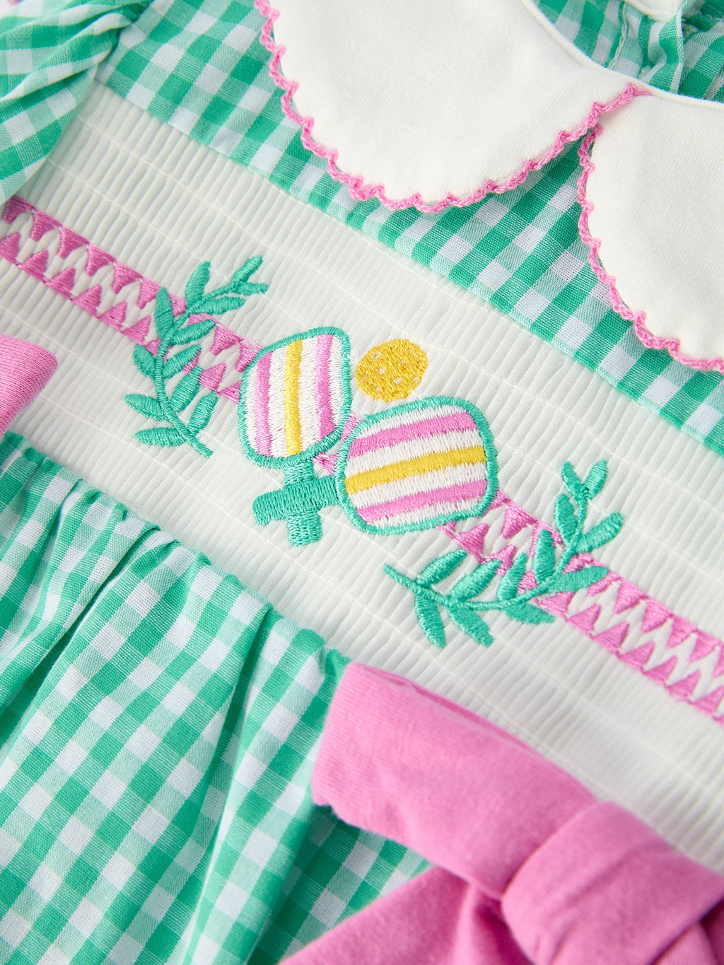 Pickle Ball Bow Ruffle Smocked Green Baby Girl Romper
