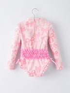 Summer Bow Print Girls Long Sleeve Ruffle One Piece Swimsuit