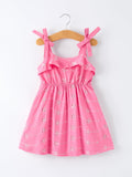 Pink Color Girl Bow Strap Ruffle Dress