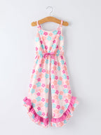 Girl Colorful Floral Ruffle Sling Flared Jumpsuit