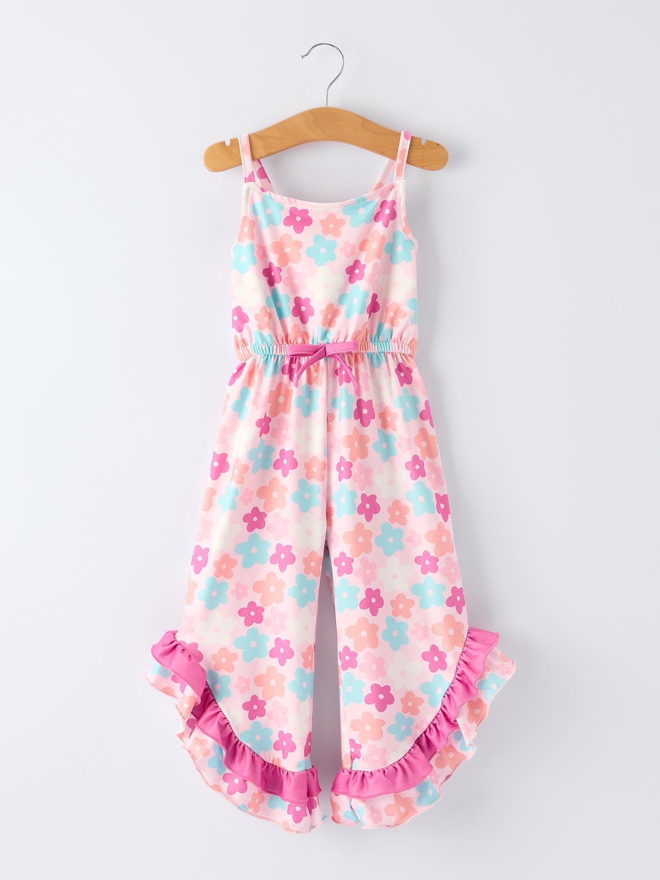 Girl Colorful Floral Ruffle Sling Flared Jumpsuit