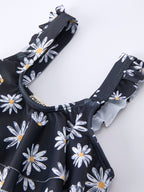 Summer Black Floral Girl Two Piece Swimsuit and Cover-up Set