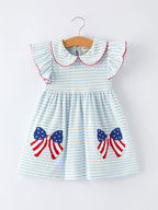 4th of July Stripe Girls Dress Bow Peter Pan Collar