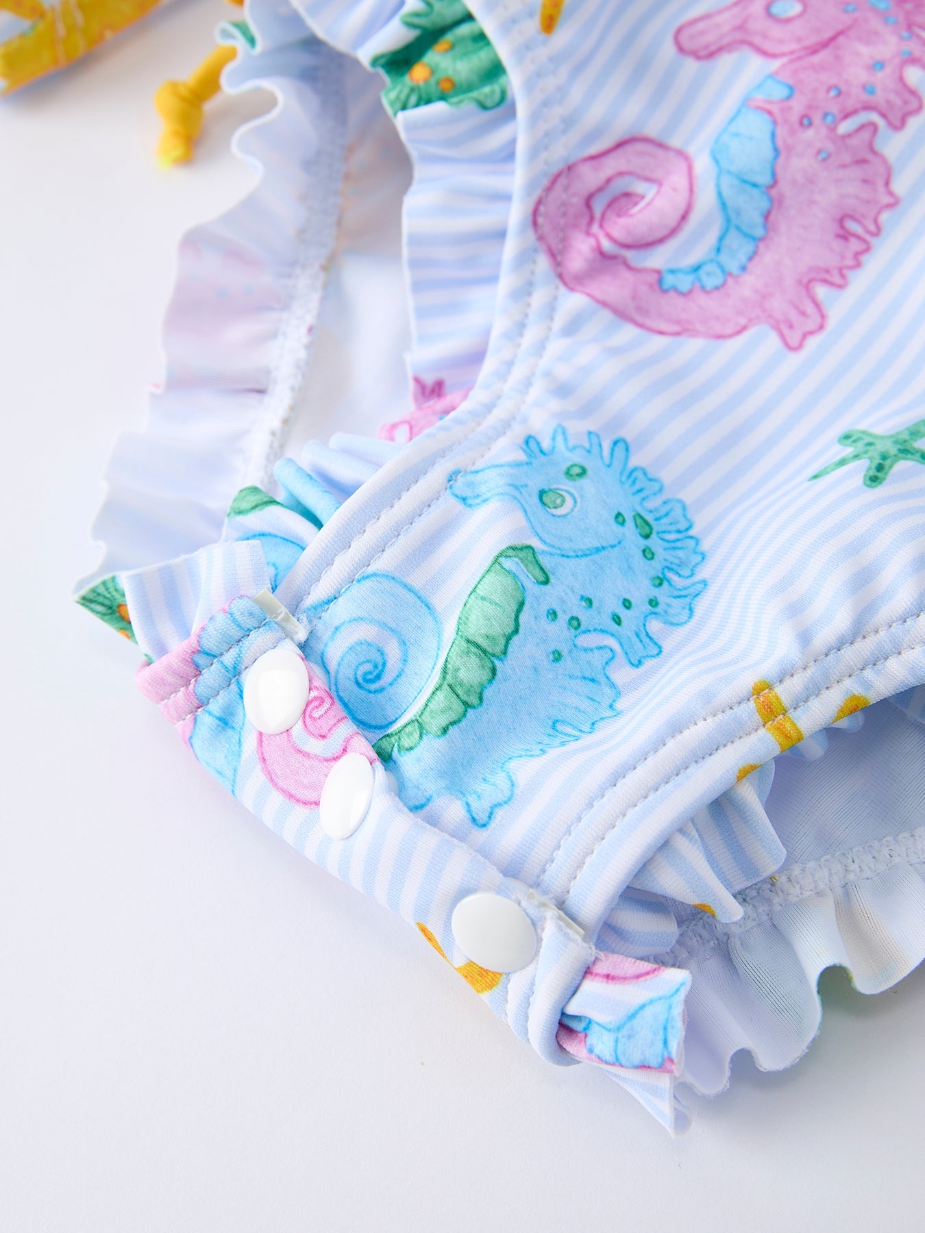 Summer Seahorse Print Girl Long Sleeve Ruffle One Piece Swimsuit