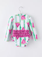 Summer Watermelon Print Girl Long Sleeve Ruffle One Piece Swimsuit