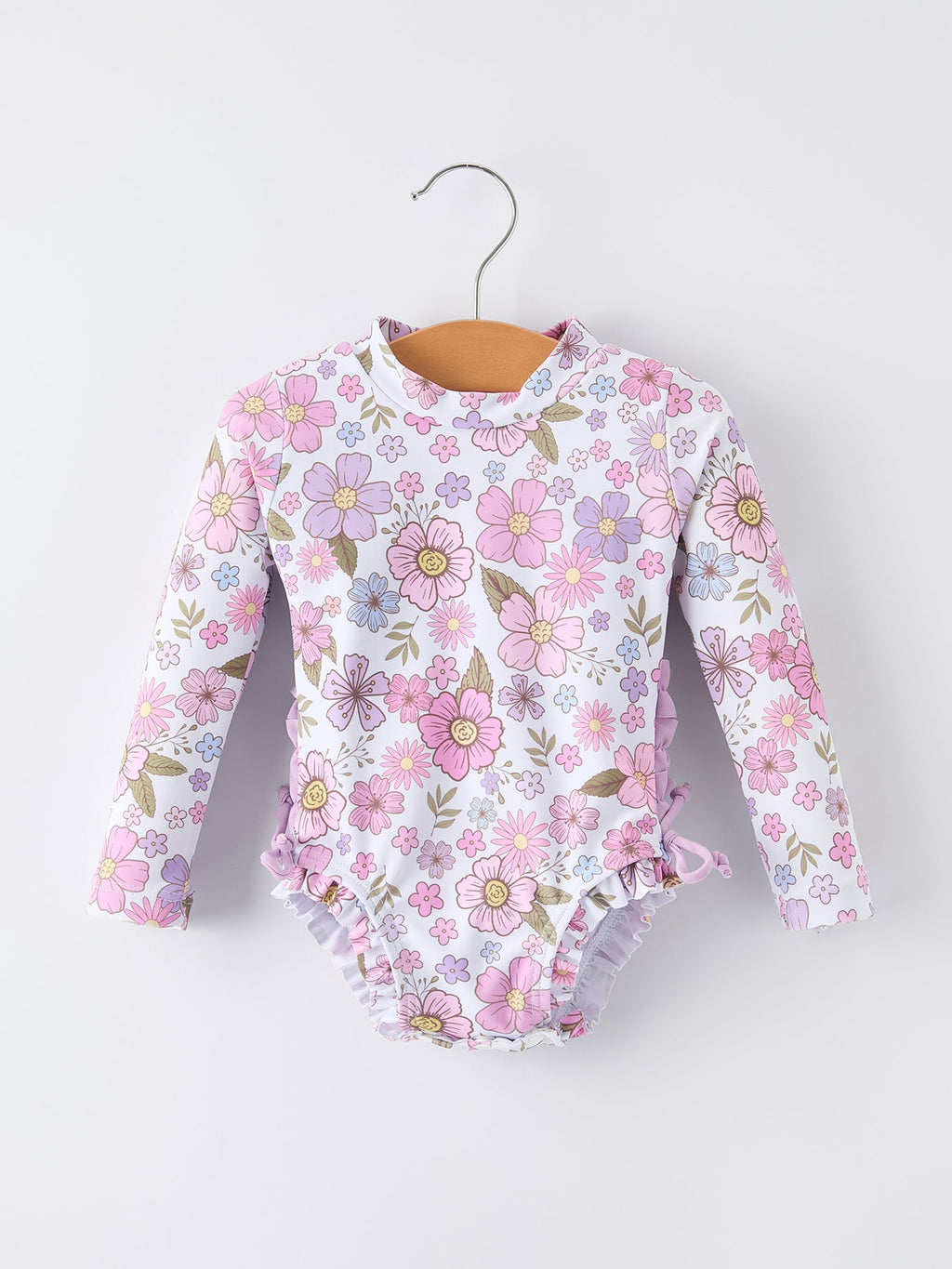 Summer Floral Print Girl Long Sleeve Ruffle One Piece Swimsuit