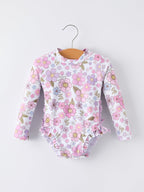 Summer Floral Print Girl Long Sleeve Ruffle One Piece Swimsuit