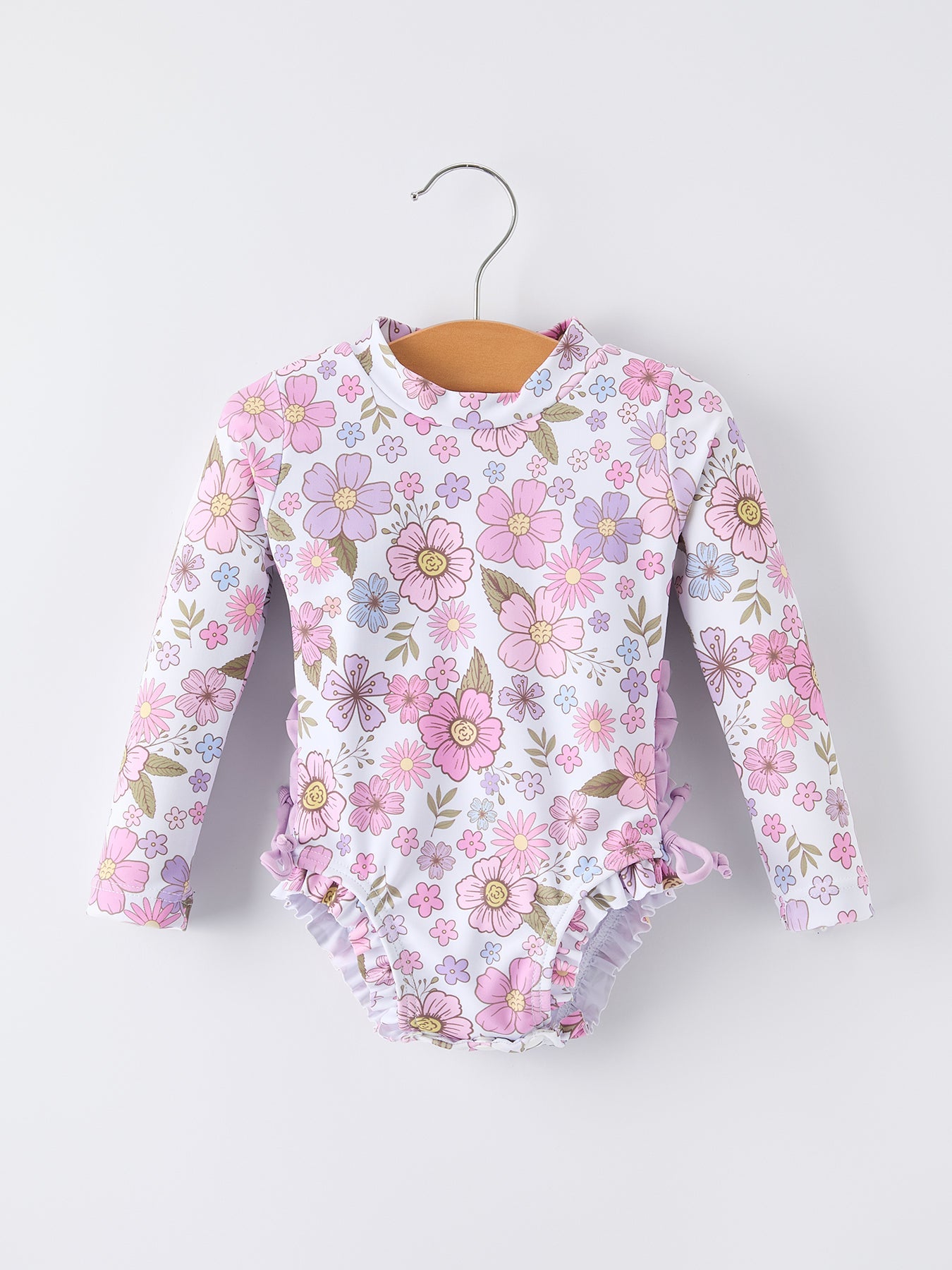 Summer Floral Print Girl Long Sleeve Ruffle One Piece Swimsuit