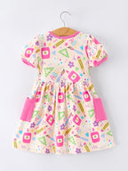 Back to School Print Girls Dress Short Sleeve Pocket