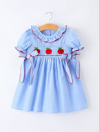 Back To School Apple Plaid Girls Dress Smocked Puff Sleeve Bow