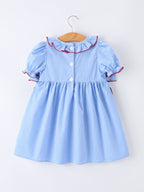 Back To School Apple Plaid Girls Dress Smocked Puff Sleeve Bow