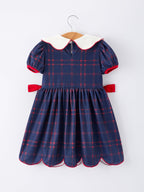 Back To School Apple Plaid Girls Dress Scallop Hem Bow