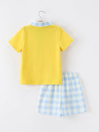 Boys Back To School Pencil Plaid Polo Short Set Embroidery