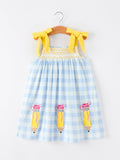 Girls Back To School Pencil Plaid Dress Bow Applique Smocked