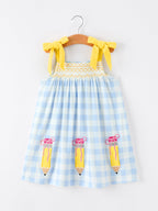 Girls Back To School Pencil Plaid Dress Bow Applique Smocked