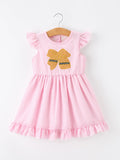 Girls Back To School Bow Twirl Dress Ruffle Applique Pink