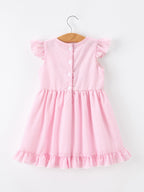 Girls Back To School Bow Twirl Dress Ruffle Applique Pink