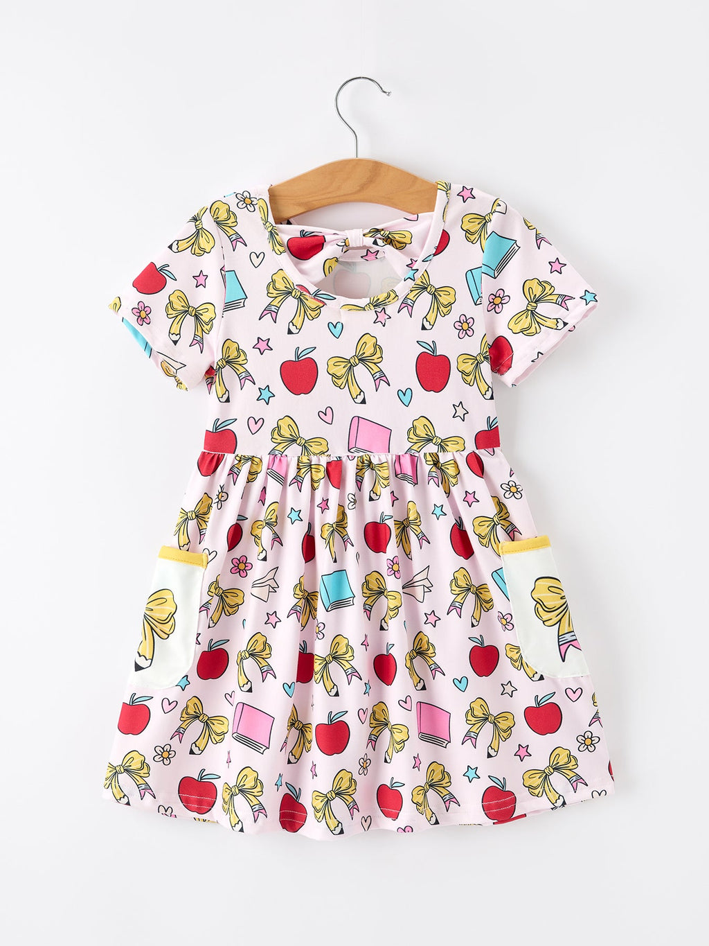 Girls Back To School Apple Bow Pocket Twirl Dress