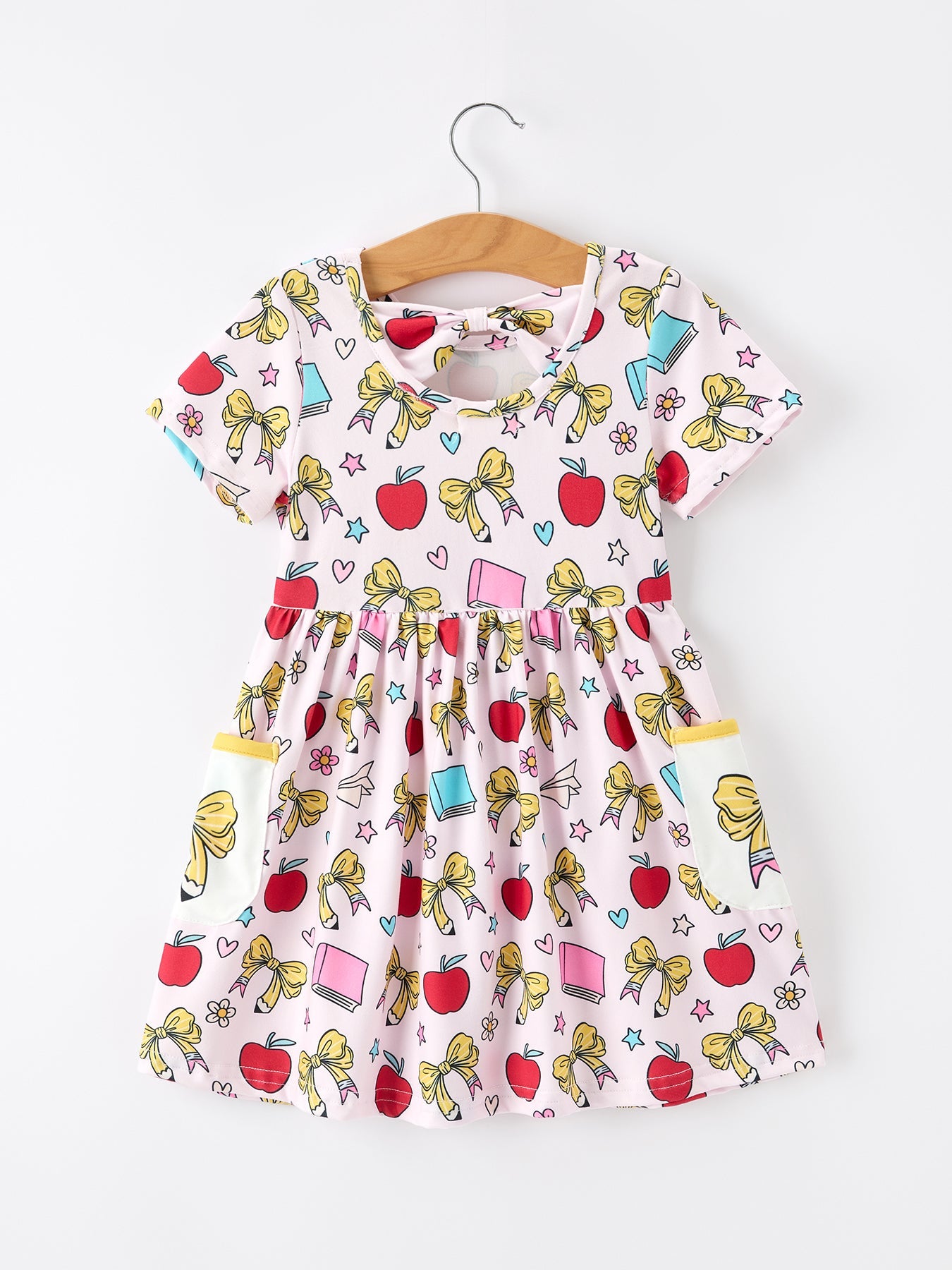 Girls Back To School Apple Bow Pocket Twirl Dress