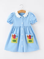 Girls Back To School Pencil Dress Petals Collar Pocket Applique