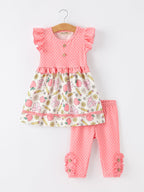 Girls Back To School Apple Pencil Polka Dot Dress Leggings Set