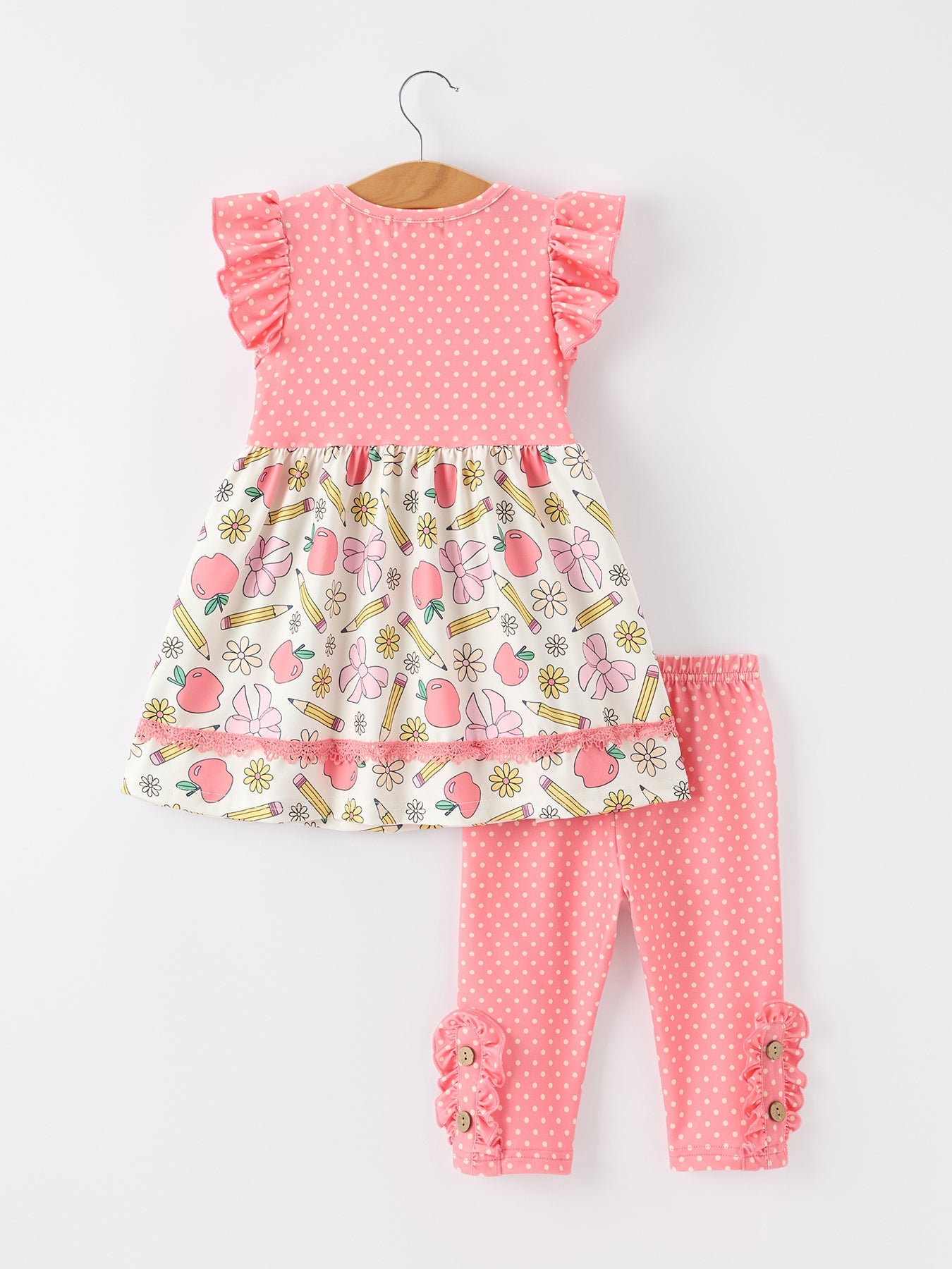 Girls Back To School Apple Pencil Polka Dot Dress Leggings Set