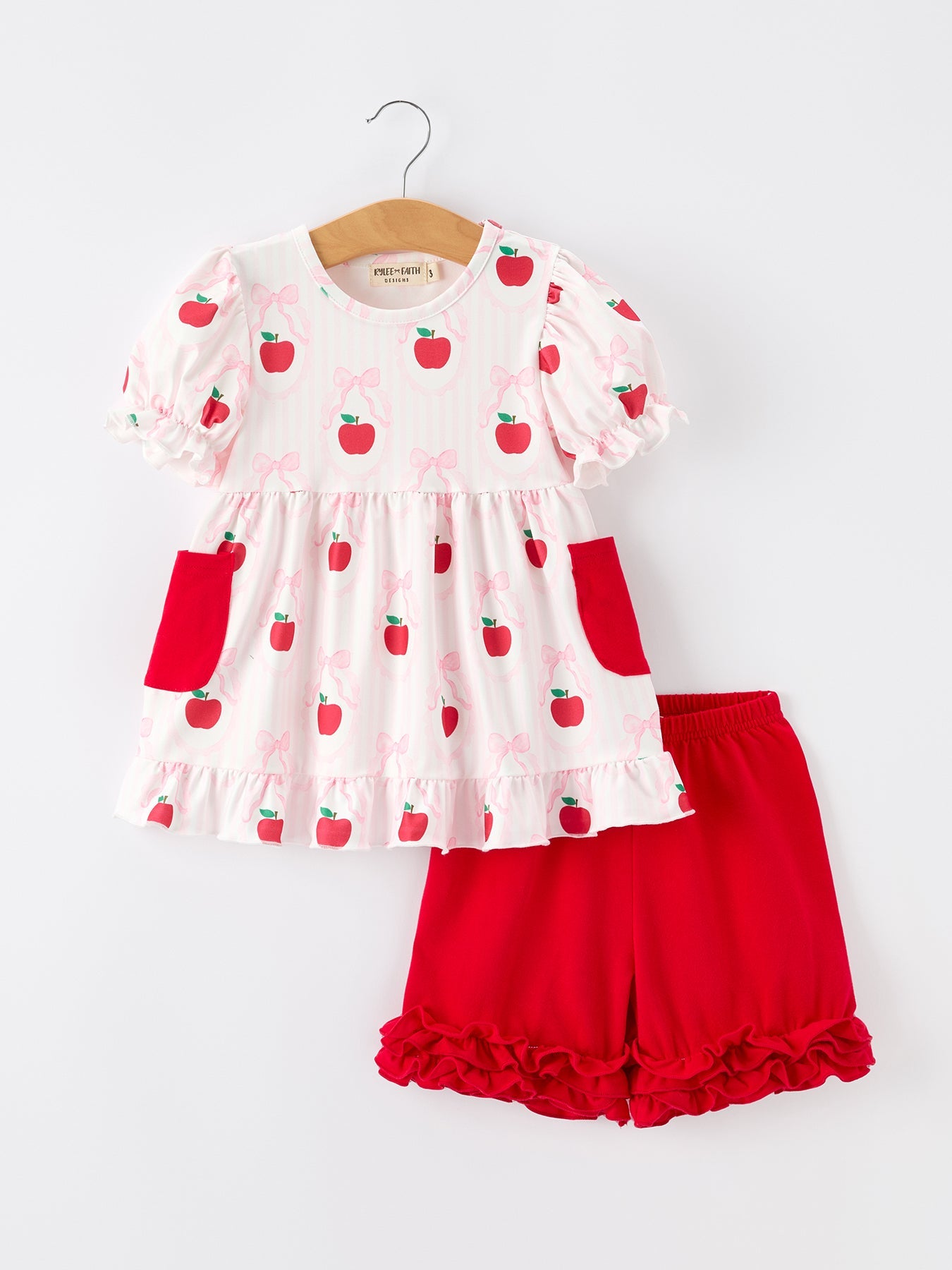 Girls Back To School Apple Bow Pocket Ruffle Top Shorts Set