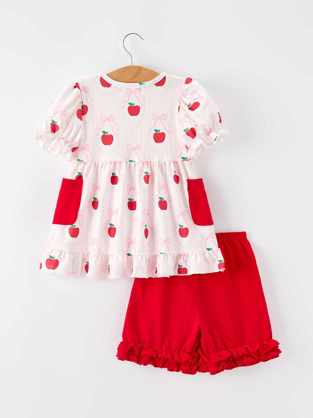 Girls Back To School Apple Bow Pocket Ruffle Top Shorts Set