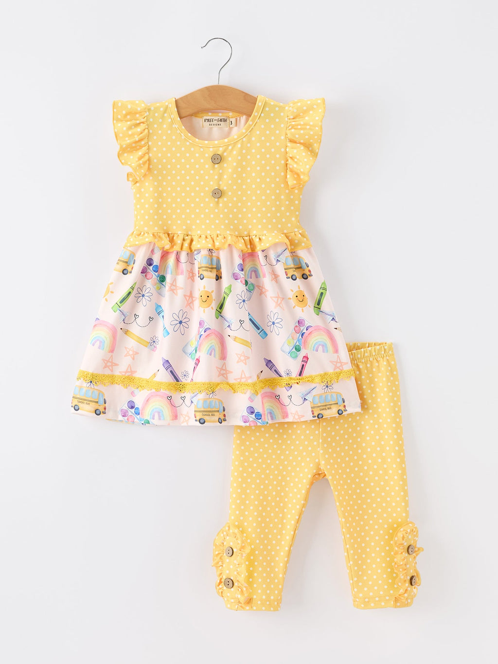 Girls Back To School Rainbow School Bus Ruffle Dress Leggings Set