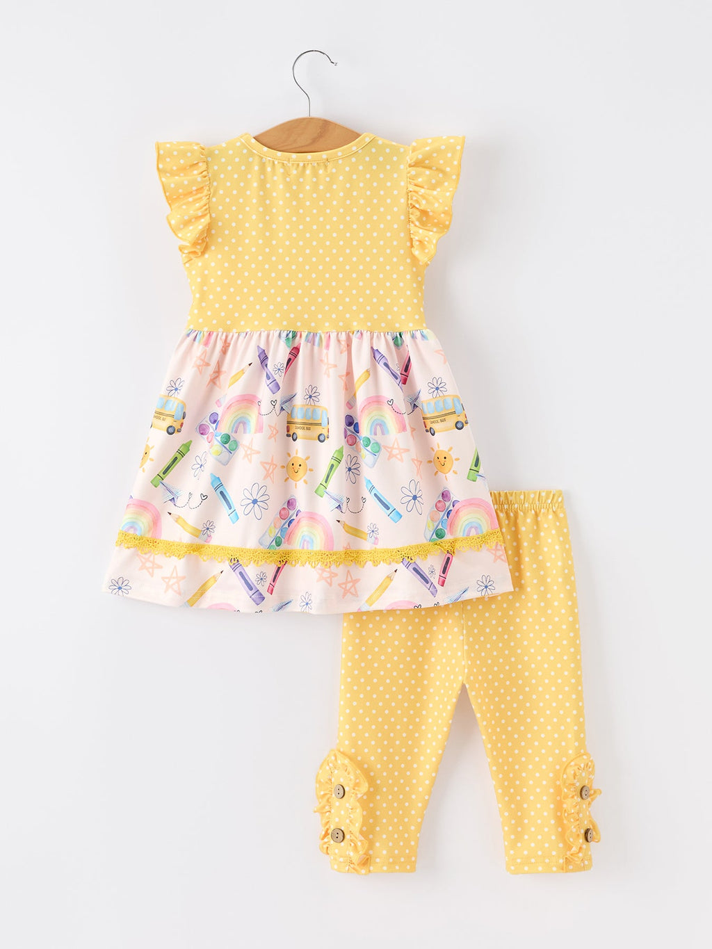 Girls Back To School Rainbow School Bus Ruffle Dress Leggings Set