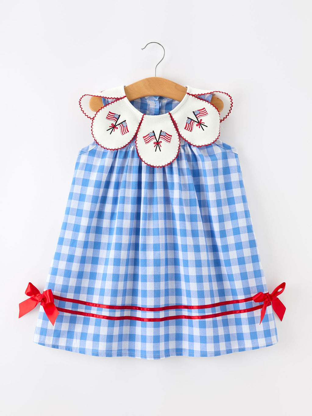 Girls 4th of July Plaid Twirl Dress Bow Embroidery Petals Collar