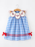 Girls 4th of July Plaid Twirl Dress Bow Embroidery Petals Collar