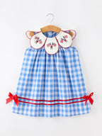 Girls 4th of July Plaid Twirl Dress Bow Embroidery Petals Collar