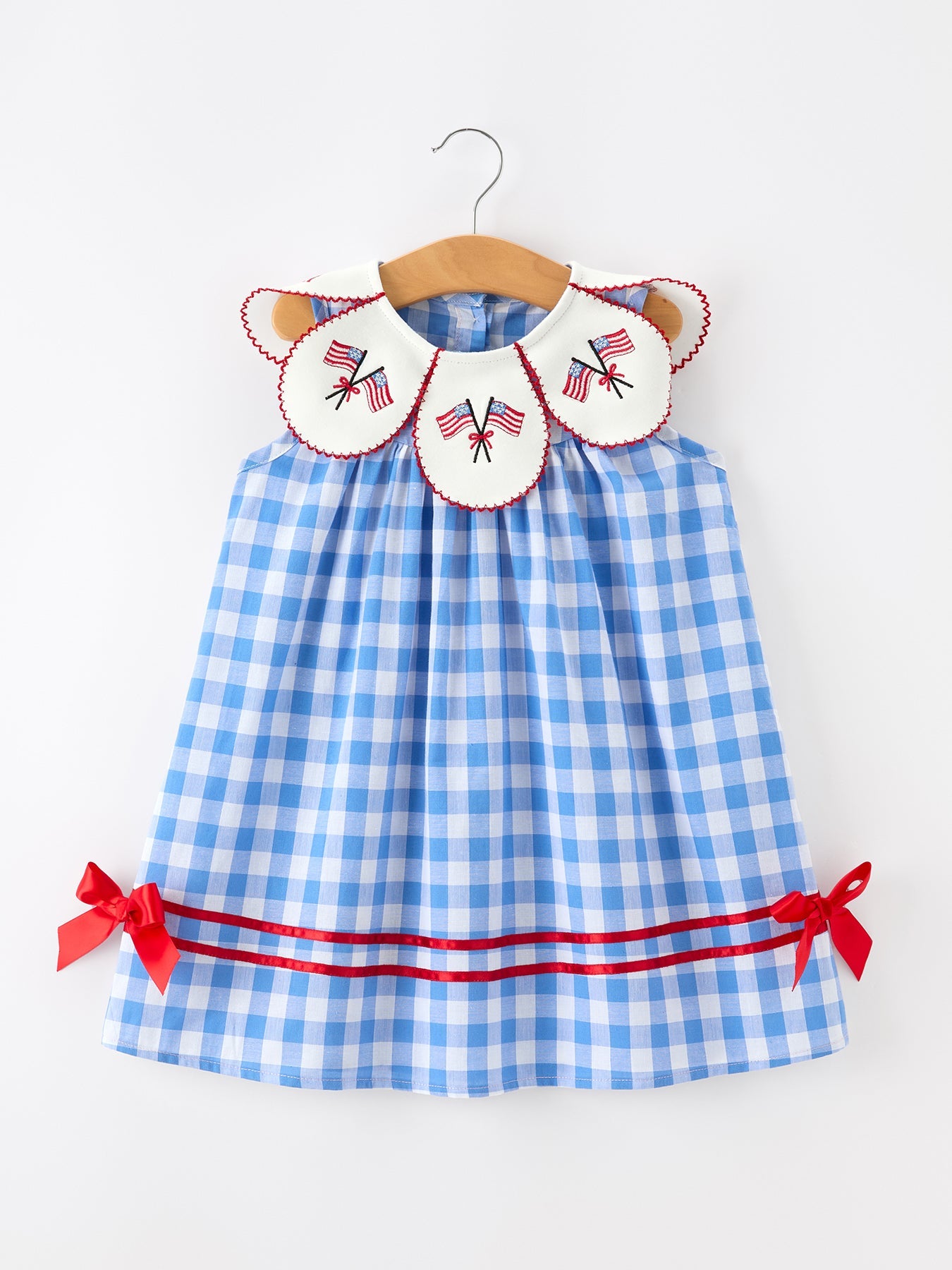 Girls 4th of July Plaid Twirl Dress Bow Embroidery Petals Collar
