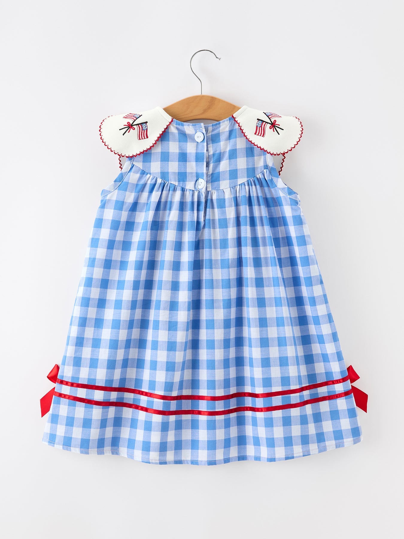 Girls 4th of July Plaid Twirl Dress Bow Embroidery Petals Collar
